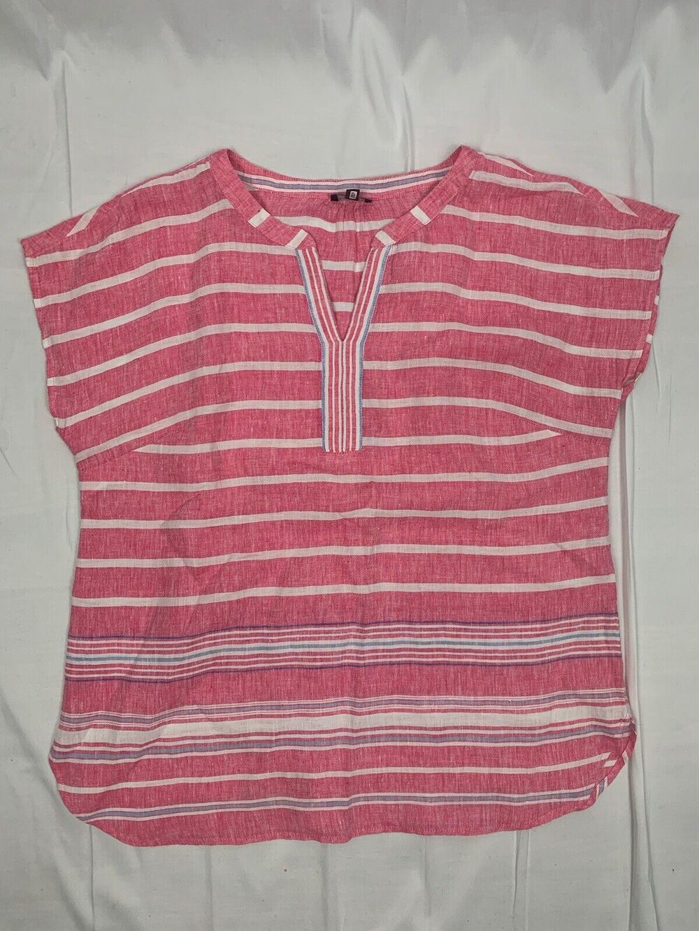 Talbots Women’s Pretty Pink White Blue Stripe Linen Short Sleeve Blouse Size MP